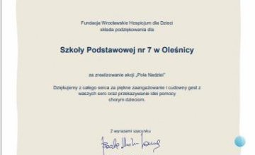 Podziękowanie z zerealizowanie akcji "Pola Nadziei"